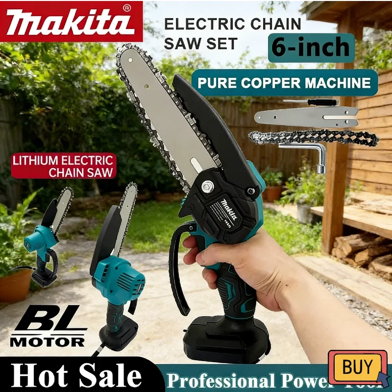 マキタ-6インチ-ポータブル電動チェーンソー、ガーデン剪定、木の剪定、木材切断用ハンドヘルドコードレス電動工具-18v