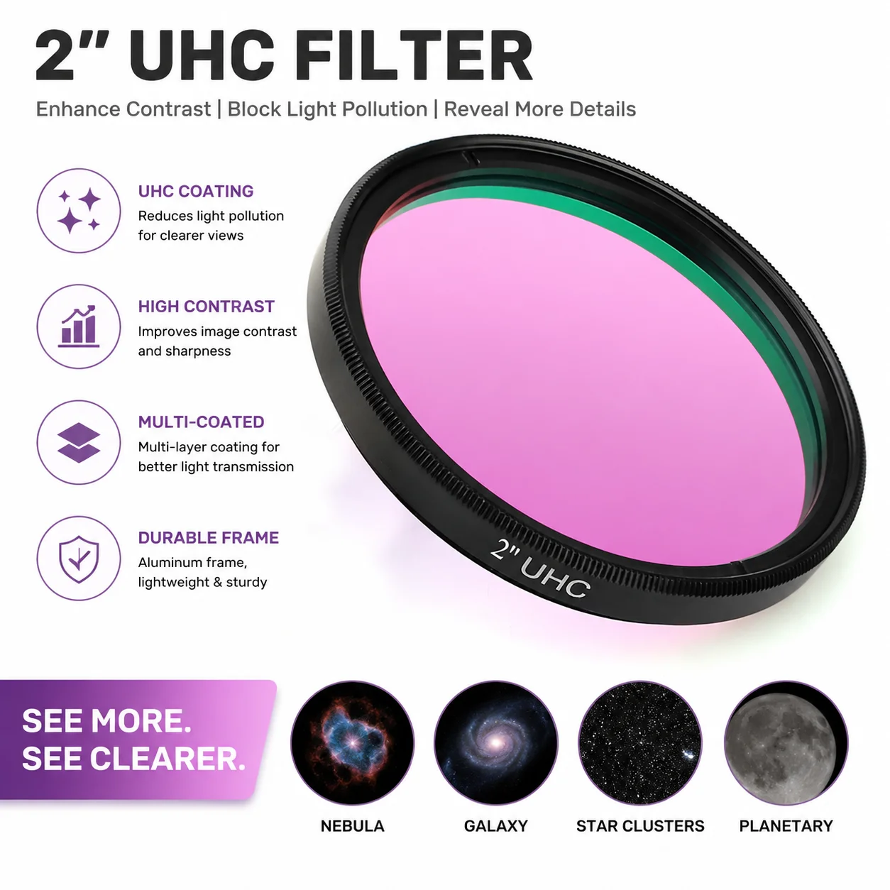 Filtro UHC de 2 polegadas, filtro de redução de poluição de luz de contraste ultra alto, acessórios para fotografia de telescópio astronômico