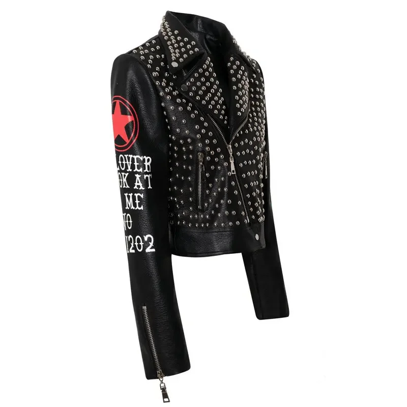 Black Cropped Leather Jacket Women 2024 Trend Punk Style Slim-fit Zipper Short Streetwear Printed Studded Motorcycle Jackets