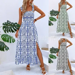 Midi Dress Flower 2024 Women's Summer Hanging Strap Print Sleeveless Split Long Dress Elegant Sexy Robe Платье Женское Нарядное