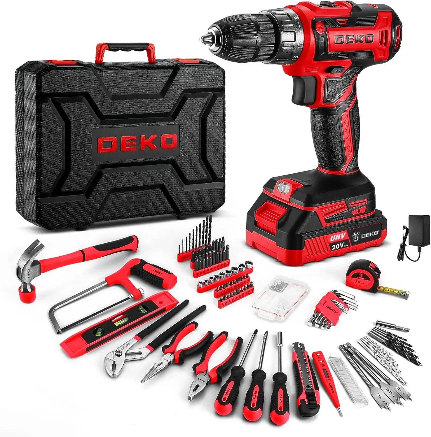 

Red Drill Tool Kit Set: 20V Cordless Power Drill Tool Box with Battery Electric Drill Driver for Men Home