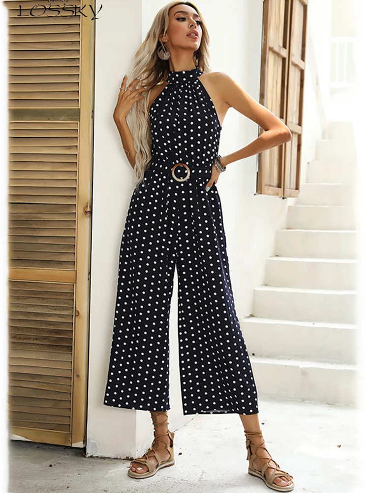 Elegant Women Jumpsuit Summer Casual Polka Dot Print Wide-leg Long Romper Fashion Sexy Black Halter Jumpsuit With Belt 2024