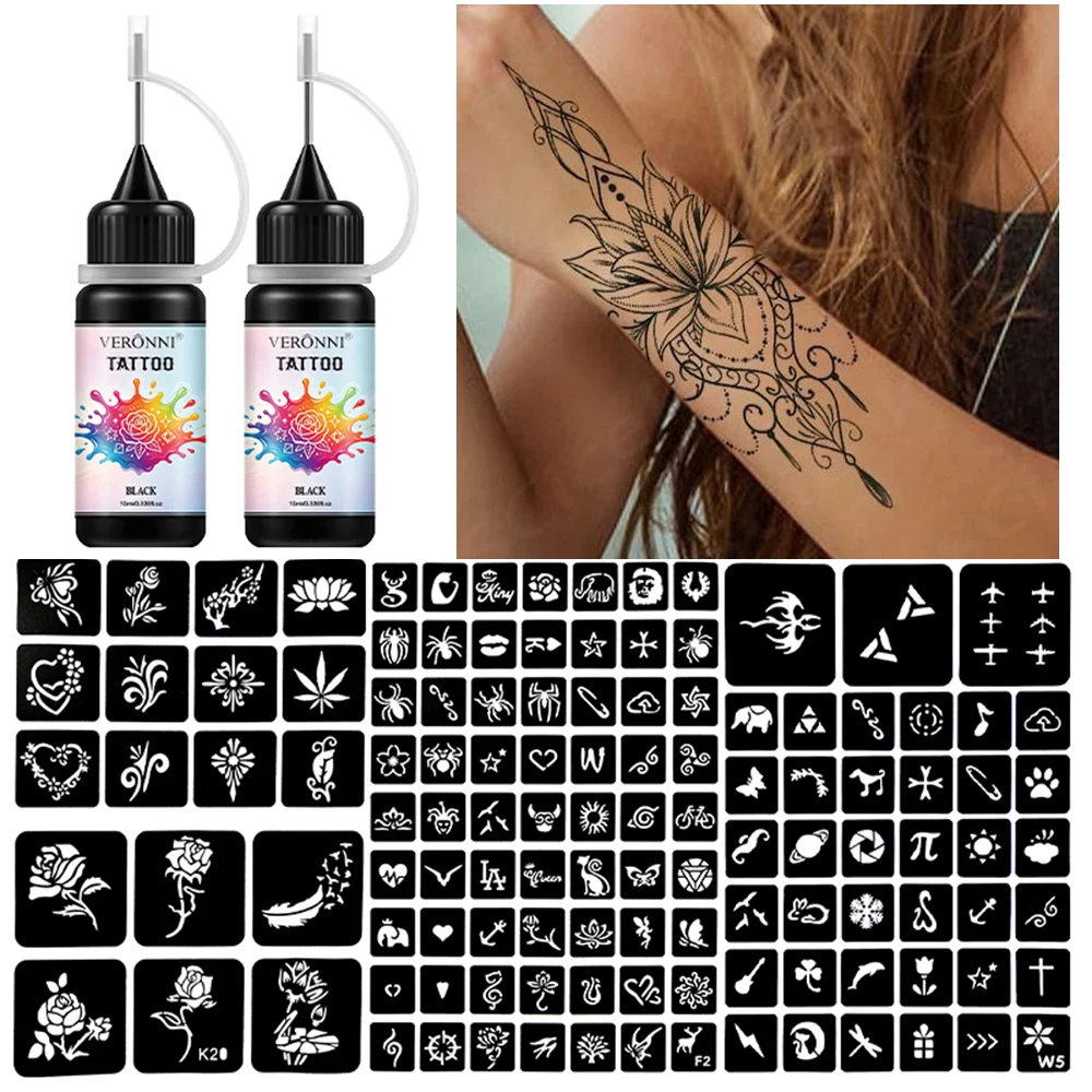 2PCS Black Temporary Tattoo Ink Kit With 120pcs Stencils DIY Body Art Henna Tattoo Set Waterproof Long Lasting