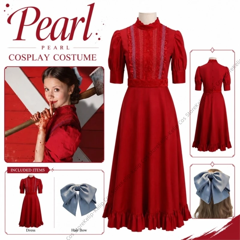 Disfraz de Cosplay de la Película de Terror "Pearl", Vestido Rojo Vintage con Mangas Abullonadas y Volantes de Encaje, Tocado, Traje de Escenario para Halloween, Carnaval y Fiesta