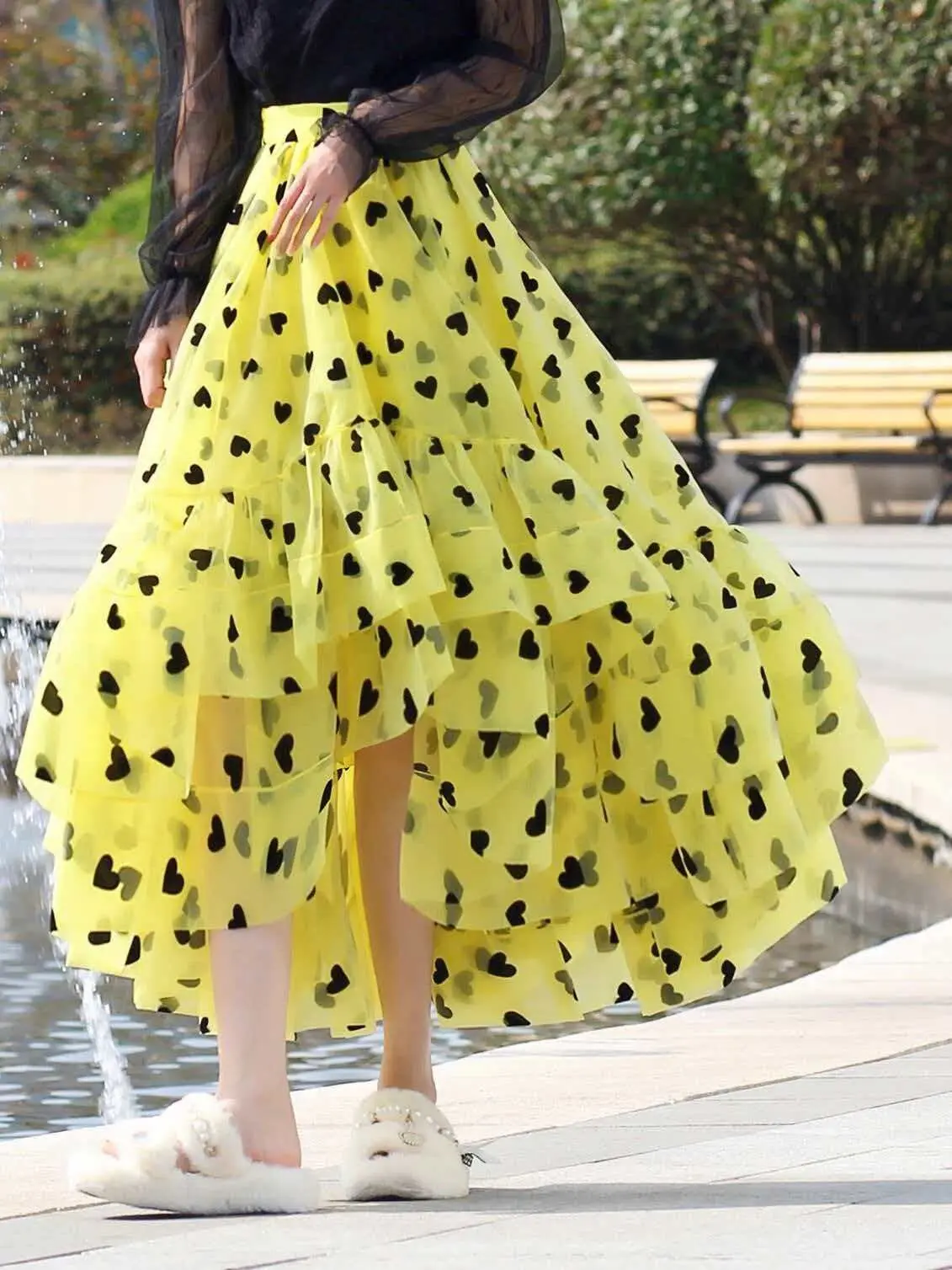 

Love polka dots front short rear long tutu skirt skirt irregular A-word splicing bright yellow skirt korean fashion clothing