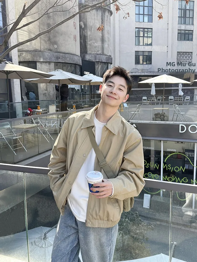 

Мужская повседневная свободная куртка-жакет в стиле Workwear с отложным воротником, однотонная, универсальная, для весны и осени, новая коллекция, для пар