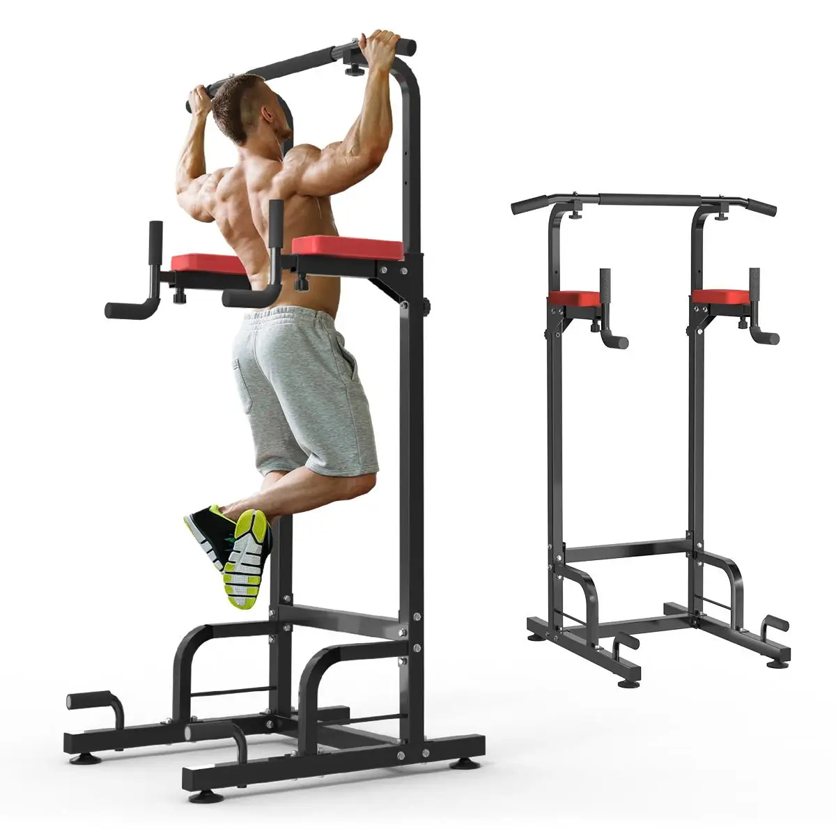 5-in-1 Power Tower Pull Up Bar Station, Height Adjustable Multi-Function Home Gym Strength Training Equipment, Dip Station for Pull-ups, Dips, Leg Raise, Supports Up to 330LBS