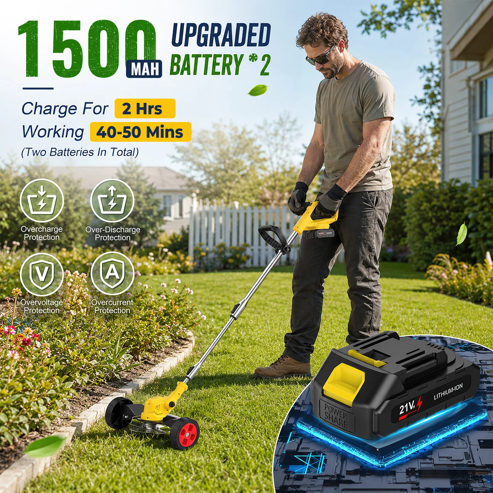 Diserbatrice elettrica senza fili 3 in 1, tagliaerba a batteria con ruote, tagliaerba leggero senza fili per lavori in giardino e prato
