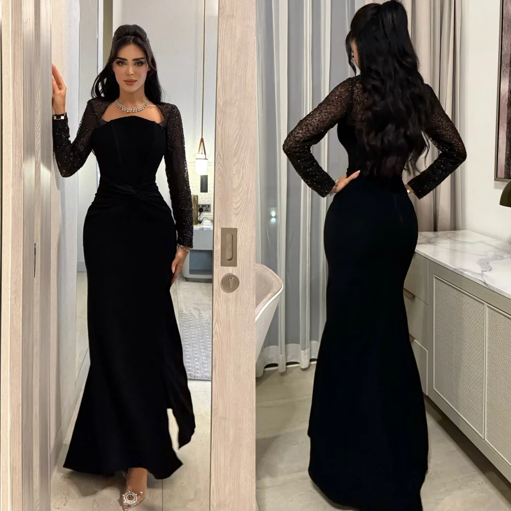 

Customized Modern Style Matching Jersey Sequined Pleat Mermaid Square Neck Ankle Length Dresses Bespoke Occasion Dresses Classic