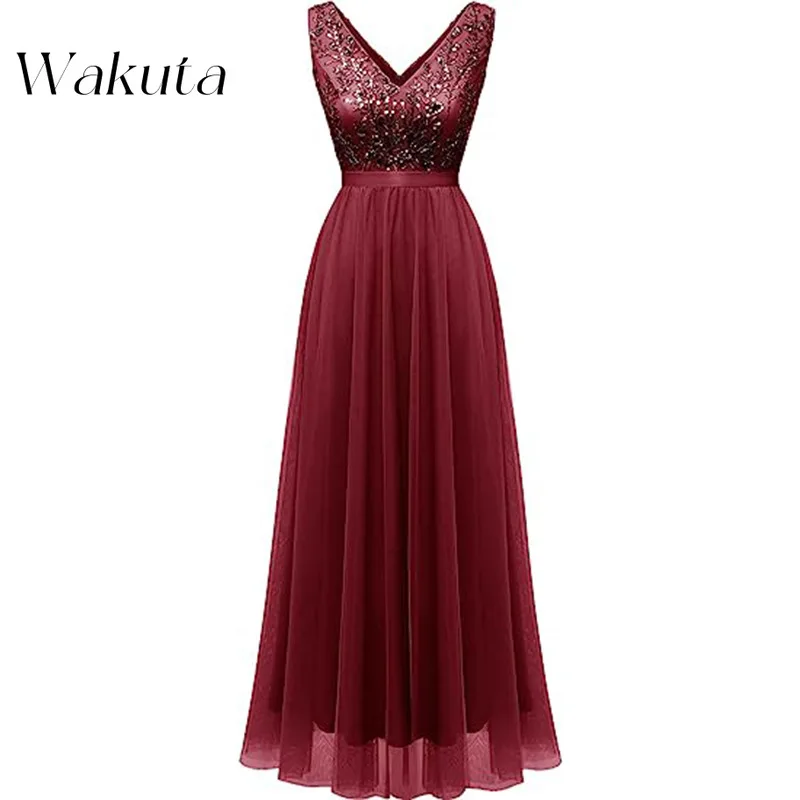 Wakuta Fashion V-neck Sleeveless Applique Evening Dress Classic Waist Pleated Chiffon A-Line Banquet Robe Dubai Luxe فستان سهرة