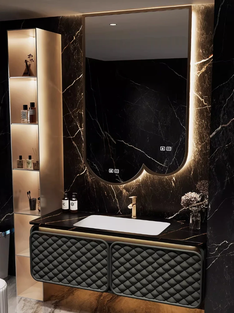 

Light luxury hotel style bathroom cabinet combination high-end rock slab seamless basin washstand bathroom cabinet