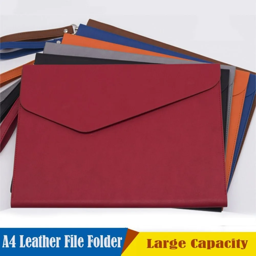 حقيبة مستندات جلدية ذات سعة كبيرة مع مقبض A4 مجلد ملفات جلدي بإبزيم وحقيبة ملفات بمشبك قلم