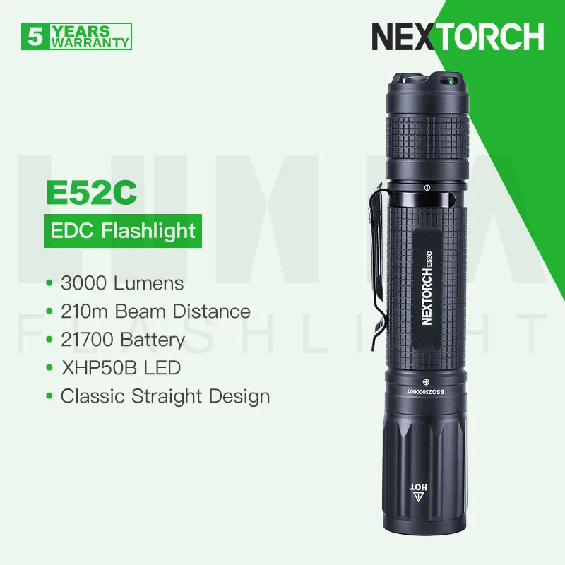 

NEXTORCH E52C Rechargeable Straight EDC Flashlight, XHP50B LED 3000 Lumens, 21700 Battery, IPX8 Waterproof. for Camping, Hiking