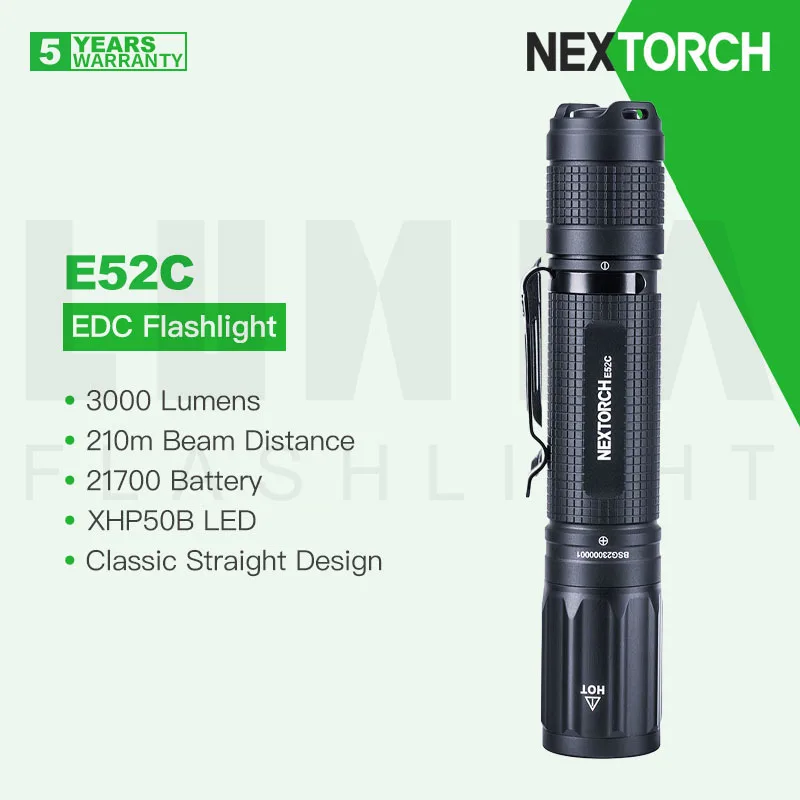 NEXTORCH E52C Rechargeable Straight EDC Flashlight, XHP50B LED 3000 Lumens, 21700 Battery, IPX8 Waterproof. for Camping, Hiking