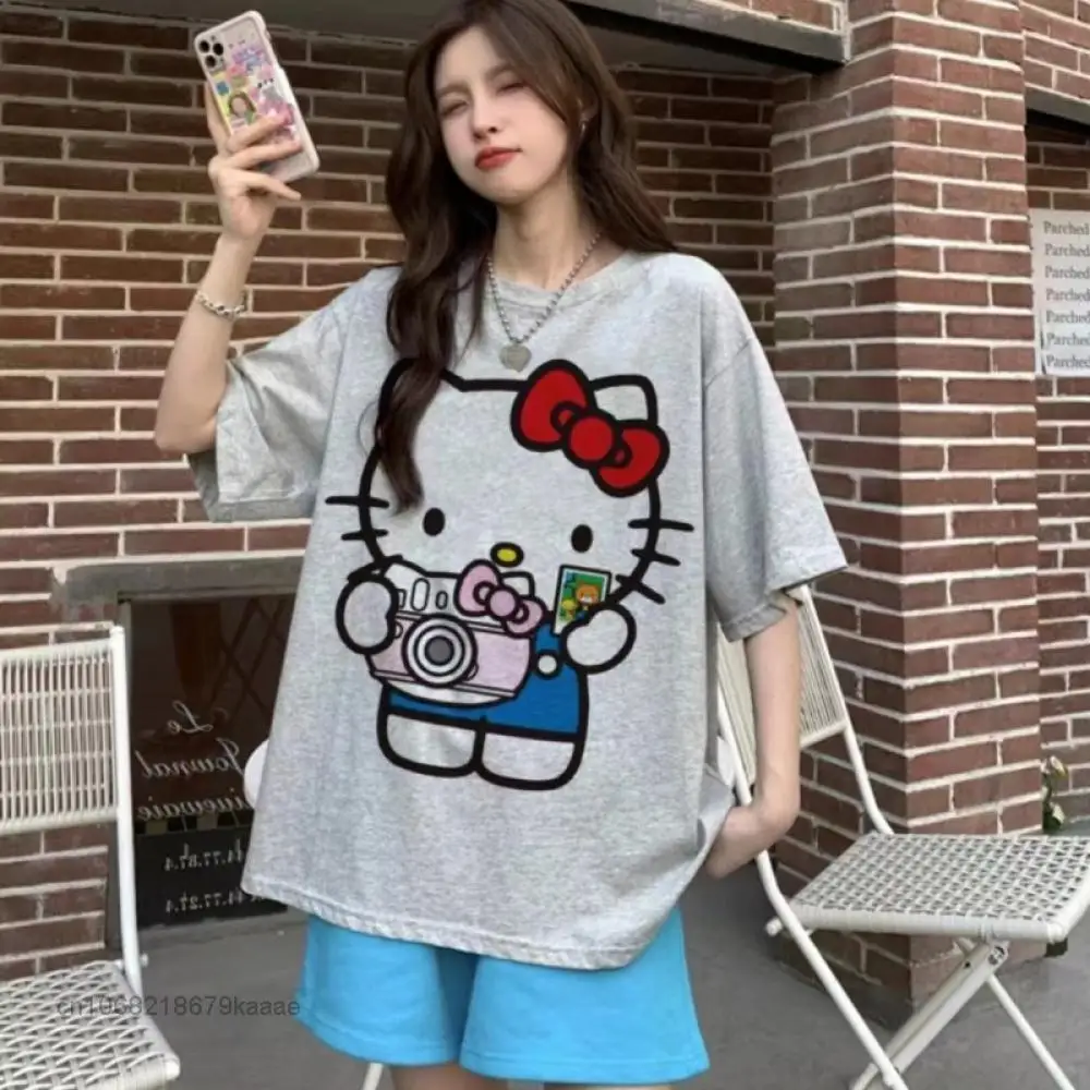 Kawaii Hello Kitty T-Shirt 100% Cotton Sanrioed Anime Oversize Top Summer Graffiti Loose Personality Sweet Girl Student Lovers