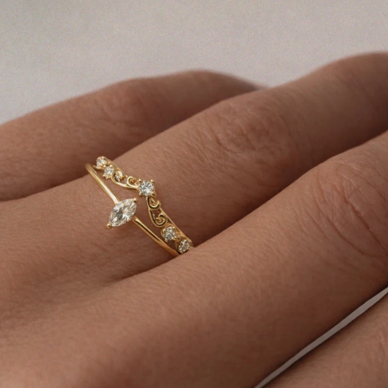 2pc Set of Exquisite Women's Double-layer Sparkling Synthetic Zircon Open Rings Suitable for Daily Gathering Banquet and Parties