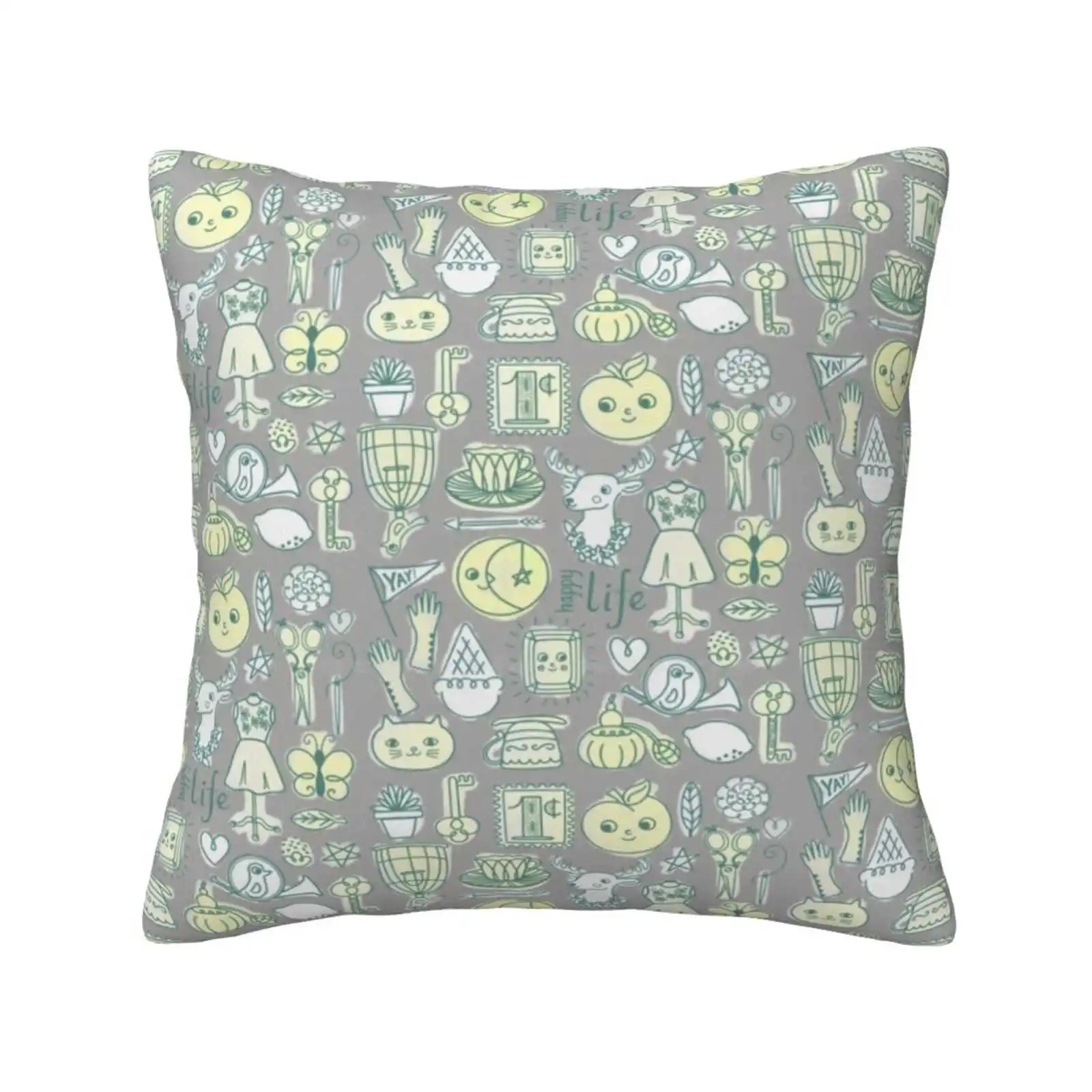 Yay! Happy Life Throw Cushion Pillow Cover Make Art That Sells Gts Apple Deer Head Bird Cage Olive Green Kawaii Butterfly