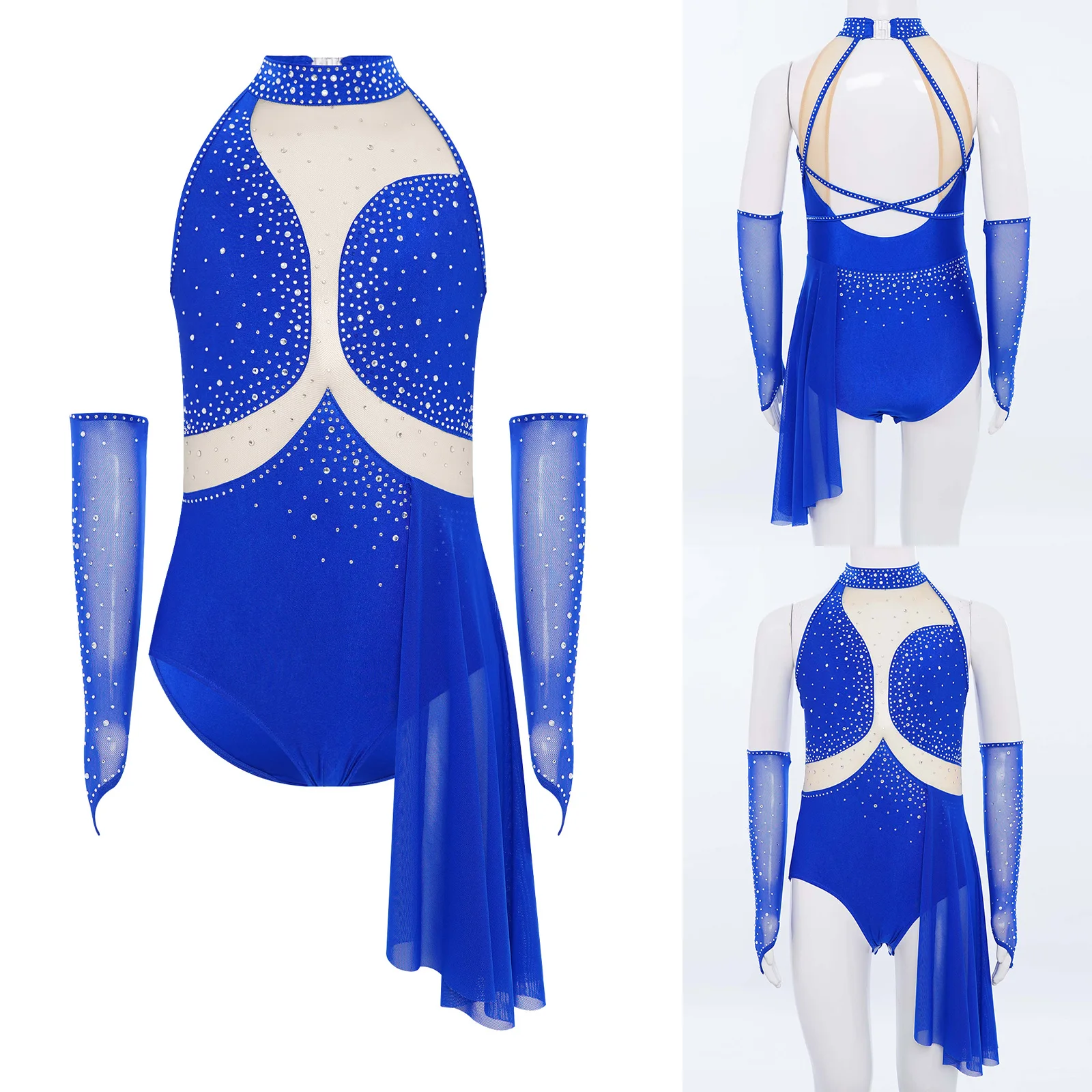 

Kids Girls Ballet Gymnastics Leotard Dress Figure Skating Lyrical Dancewear Rhinestones Sheer Mesh Skirted Bodysuit with Gloves