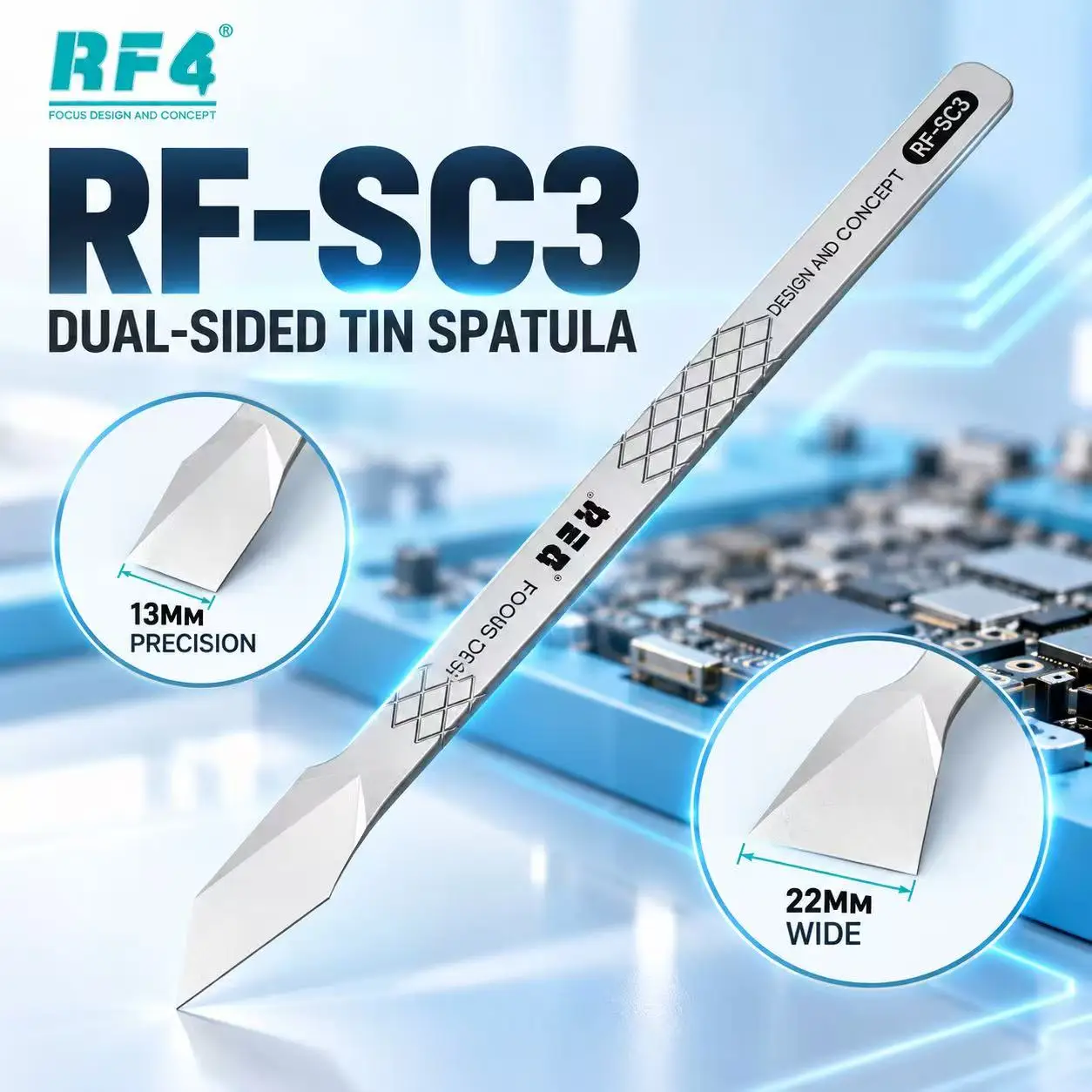 RF4 RF-SC3 Dual-Sided Tin Spreading Scraper 15° Angled Blade Non-Magnetic Stainless Steel Tool for BGA Reballing PCB Repair