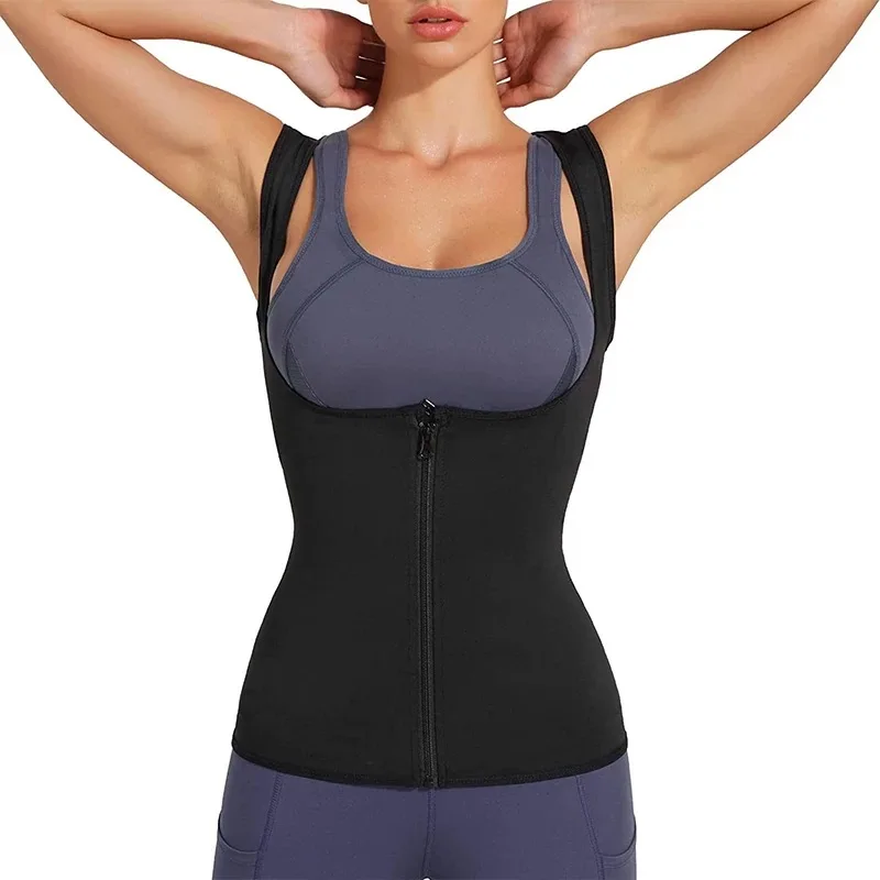 Sauna Suit For Weight Loss Women Hot Waist Trainer Slim Corset Sweat Workout Zipper Shirt Fitness Body Shaper Gym Sportswear Set