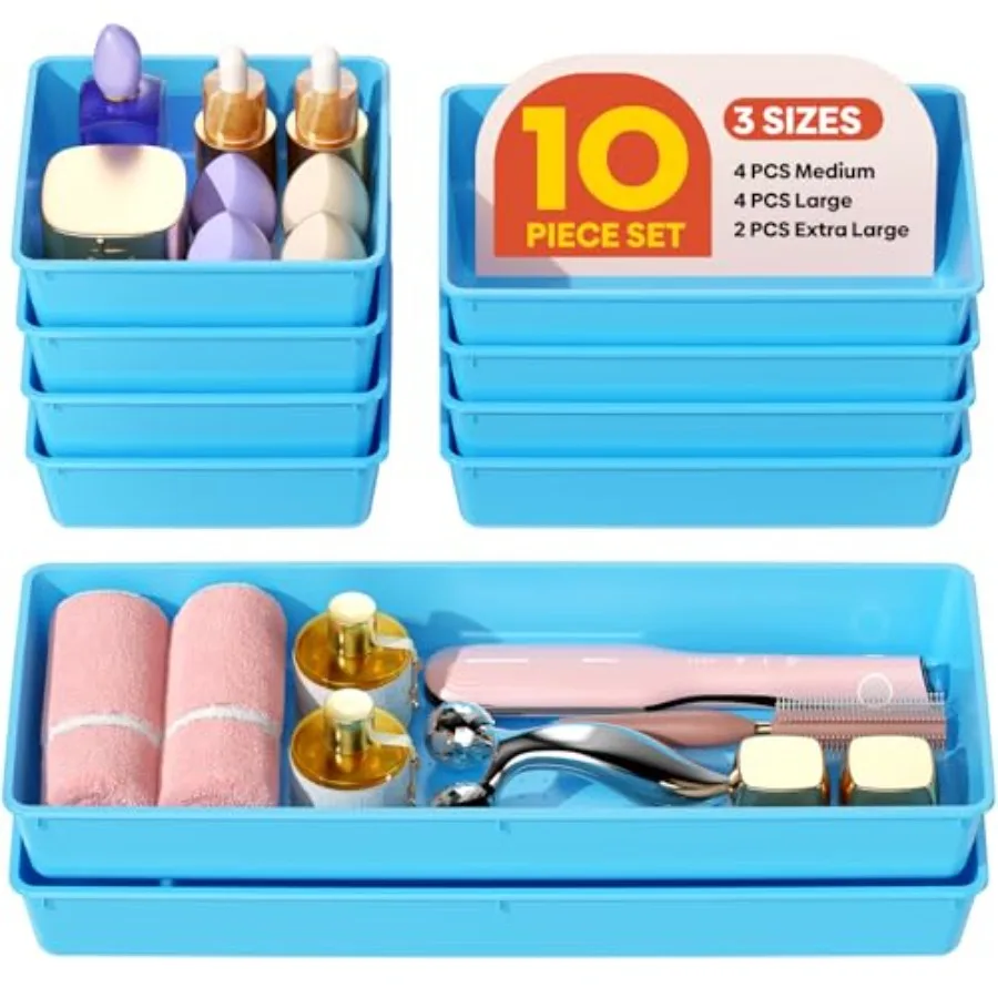 

Набор из 10 больших пластиковых органайзеров для ящиков, 3 размера, лотки-органайзеры для стола, контейнеры для хранения косметики и принадлежностей для ванной комнаты