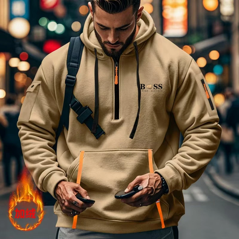 

Men's hooded sweatshirt, casual sports pullover, retro Harajuku long sleeved zipper, multiple pockets, casual loose jacket, stre