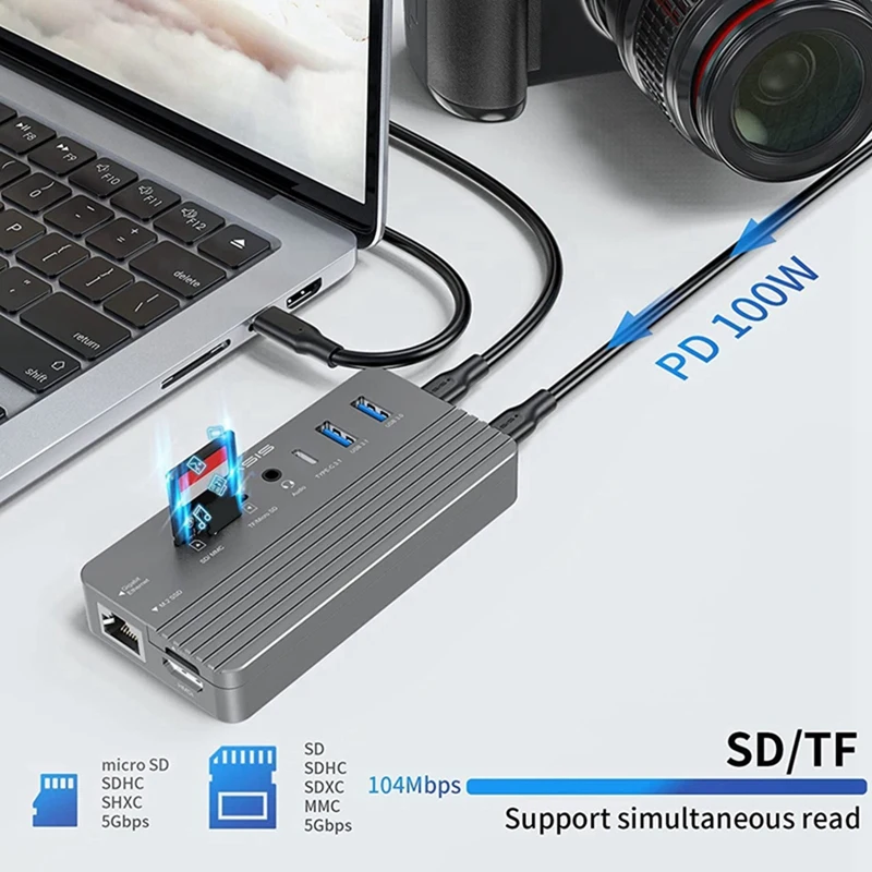 محطة إرساء أكسيس نوع C HUB 10 في 1 لـ M.2 NVME و SATA NGFF SSD مع دعم HDMI متوافق 8 تيرا بايت لـ Windows/MAC/IPAD
