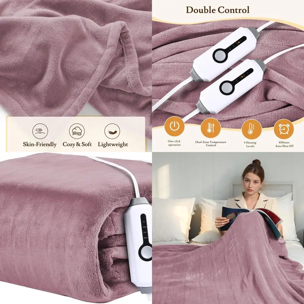 

Queen Size Electric Blanket 84x90 - 4 Heat Levels, Dual Controls, 10H Safety Auto-Off, Soft Coral Fleece, Overheat Protection, D
