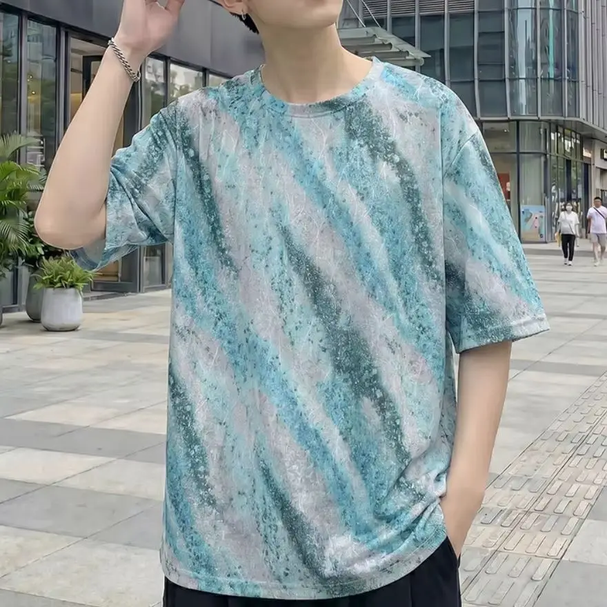 Men's Gradient Marble Lightweight Print T-Shirt Summer Breathable Ice Silk Short Sleeve Tee Casual Loose Streetwear Tops