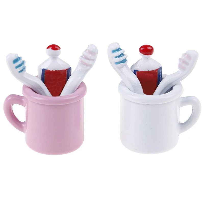 4Pcs Dollhouse Miniature Cup Toothpaste Toothbrush Set Miniature Dollhouse Bathroom Scene Decor