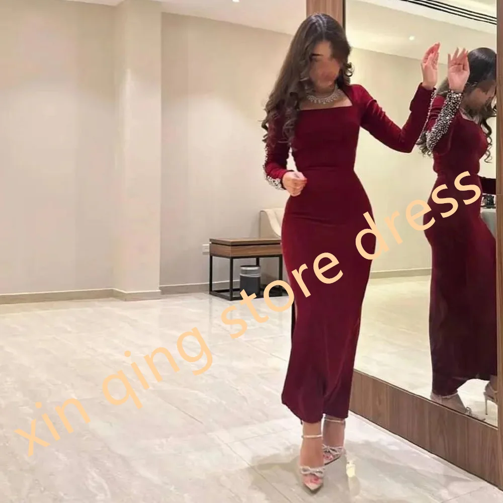 Customized Exquisite Burgundy Jersey Crystal Prom GownsFormal Mermaid Pleats Side Slit Ankle Length Square Neck Evening Dresses