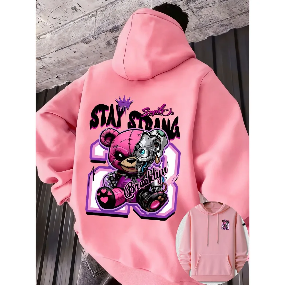 Cyber Punk Half‑Robot Teddy Bear Dual‑Side Print Hoodie Men Y2K Graffiti Trend Unisex Fleece Hooded Pullover