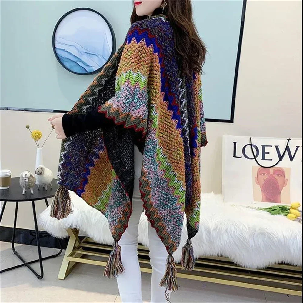 23 Colors Multicolor Oversize Autumn Poncho Cape Winter Women Knitted Cardigan Long Loose Shawl Vintage Thick Outstreet Knitwear