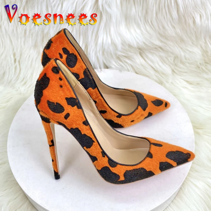 New Horse Hair High Heels 12CM Modern Print Party Single Shoes Orange Black Color Matching Women Pumps Sexy Pointed Toe Design