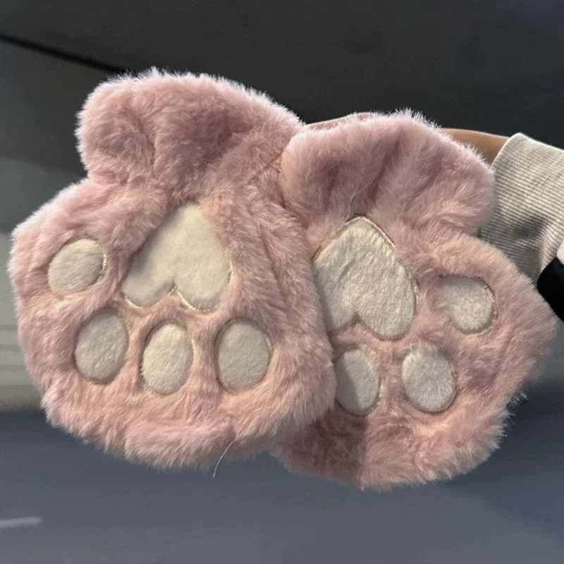 Lovely Plush Cat Claw Paw Gloves Plush Mittens Warm Soft Plush Short Fingerless Fluffy Bear Gloves Costume Half Finger Gloves