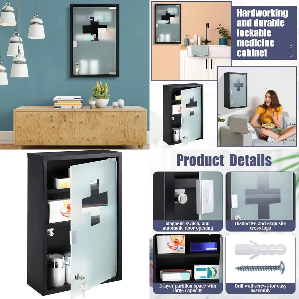 

Настенный шкафчик для медикаментов с безопасной стеклянной дверцей для хранения в ванной (3 полки, черный)