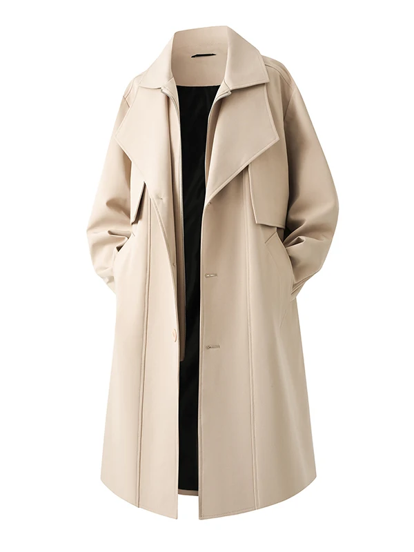 

Мужская ветровка цвета хаки средней длины с двойным воротником, имитация двухслойности, в корейском стиле, модное пальто для осени и зимы, приталенный крой, не требует глажки, полиэстер.