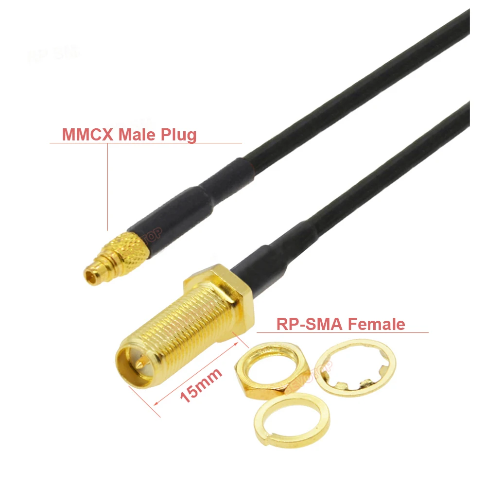 BEVOTOP 15MM RP-SMA Female Bulkhead to MMCX Male / Female Straioght / Right Angle 90° Plug 50 Ohm RG174 Cable
