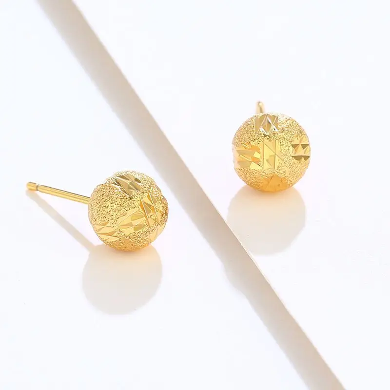 Wholesale price--- 8mm Engraving Ball Stud Earrings For Women Pure Gold Color Fashion Jewelry Nickel free