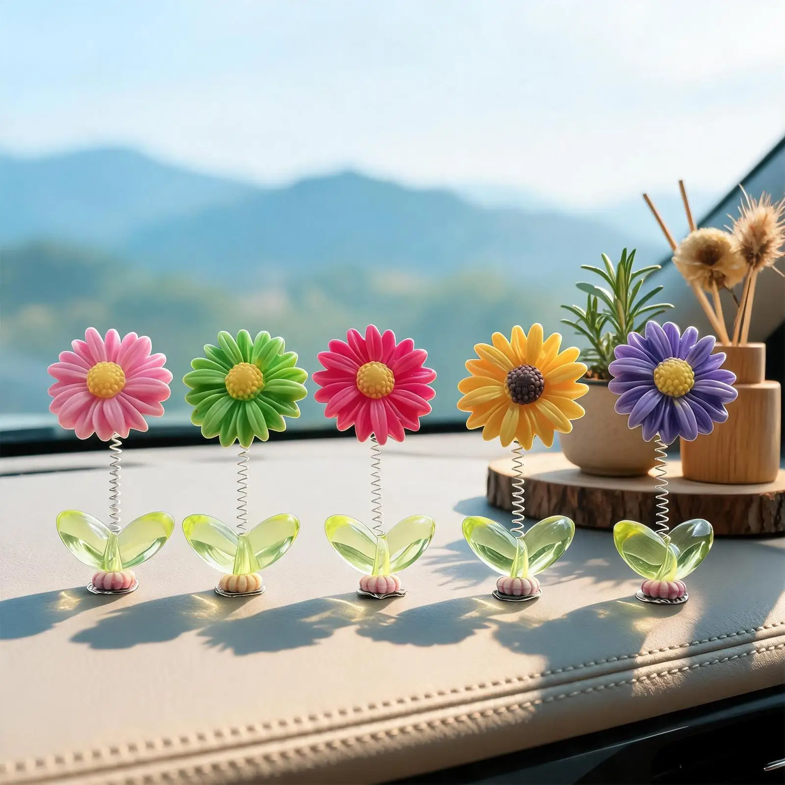 Sunflowers Dashboard Decor 5 Pieces Cute Shaking Head Figures Auto Dashboard Decorations for Office Desk Spring Summer Driver