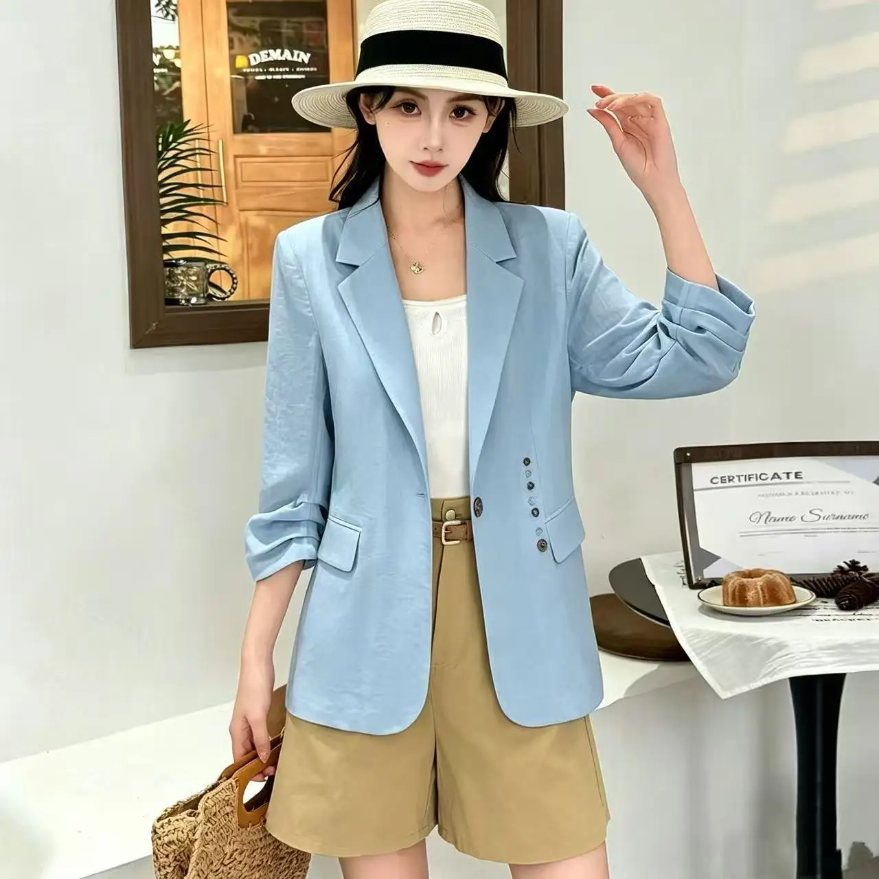 New Summer Women's Casual Cotton Linen Slim Fit Waistcoat Top Seven Sleeve mid Length Coat Warmth Function No Ironing Treatment