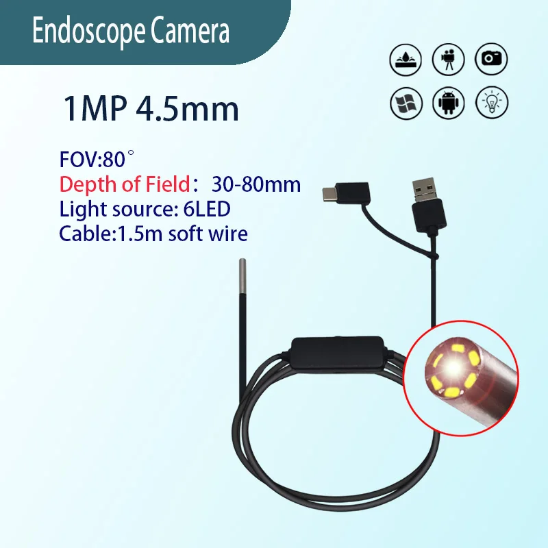 1MP 4.5mm FOV 80° Ultra-thin Endoscope for Industrial Pipeline Inspection 1.5m USB Type-C 3-in-1 Industrial Endoscope Probe