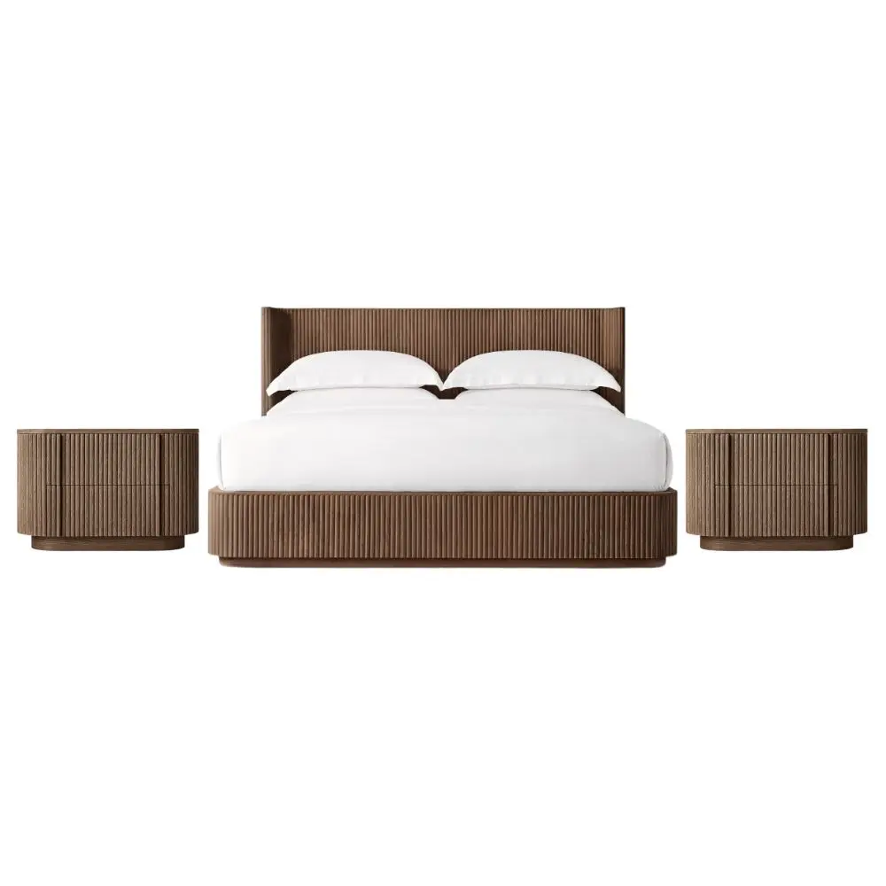 Modern Solid Wood Bedroom Set with Ribbed Headboard & Matching Nightstands for Apartment & Hotel Use
