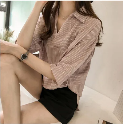 Elegant Stripe Blouses For Women 2024 Fashion V Neck Short Sleeves Office Lady Basic Straight Summer Shirts Casual Holiday Tops