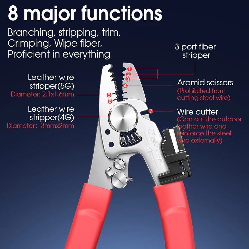 COMPTYCO K7 Stainless Steel Fiber Stripper Multifunctional Fiber Optic Cable Stripping Pliers FTTH Optical Fiber Wire Strippers