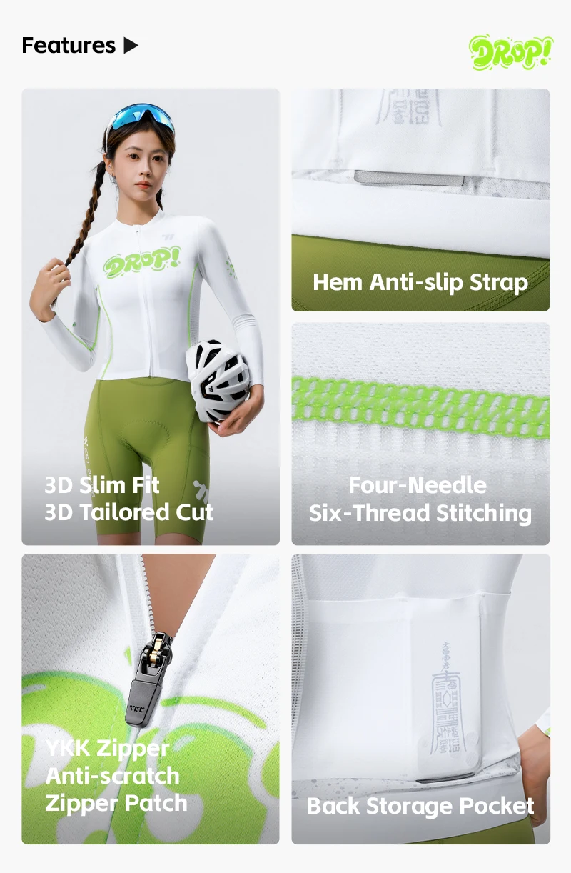 WEST BIKING Damen Fahrradtrikot Langarm Atmungsaktiv Schnelltrocknend Weiß Grün Racing Slim Fit Fahrradbekleidung Sommer-Reitoberteil – Detail 3