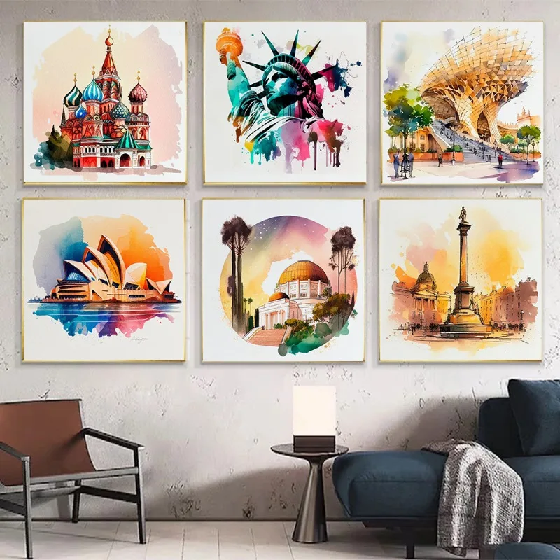 Sydney Sings with Milan – Opera Duomo Taj Mahal Póster de lienzo sin marco con acuarela para amantes de los viajes, decoración de regalo