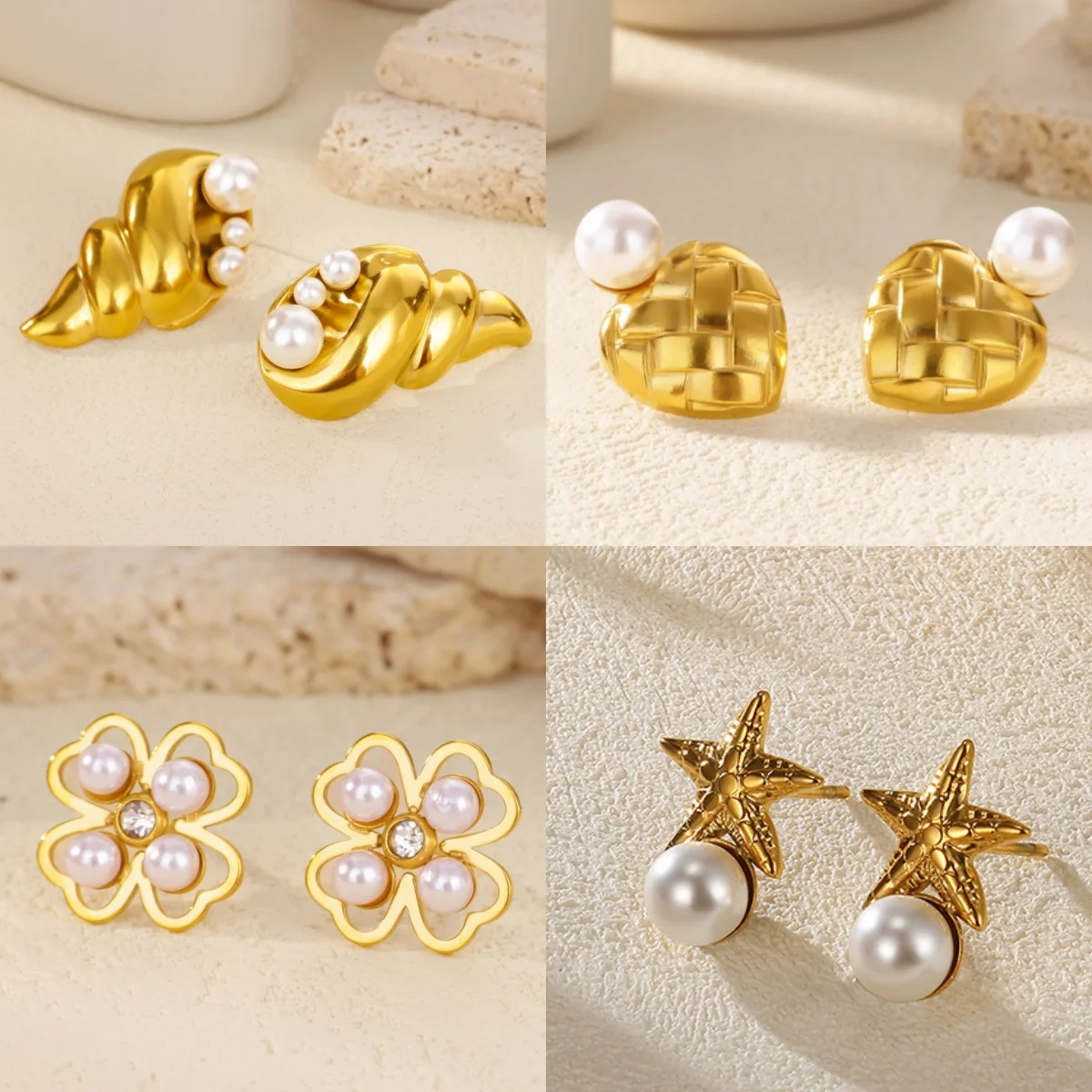 Elegante Vierblättrige Kleeblatt Zirkonia Damen-Ohrringe Edelstahl 18K Vergoldet Herz Imitationsperlen Alltagsschmuck