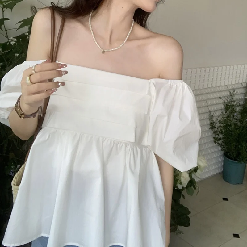 Fashion Summer Short Sleeve Women Blouse Square Neck Elegant Short Tops Puff Sleeve Casual Cotton Shirt