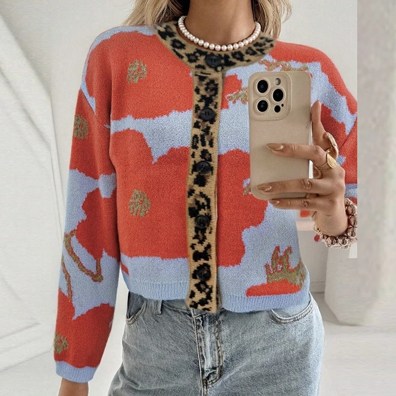 Winter Casual Long Sleeve Street Coat Sweater Elegant Button Leopard Print Outercoat Autumn Women Fashion O-neck Knitted Coats